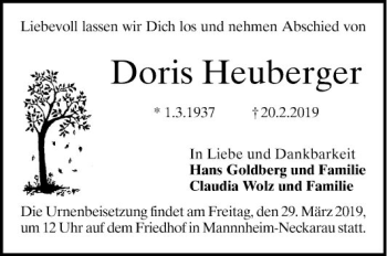 Traueranzeige von Doris Heubergen von Mannheimer Morgen