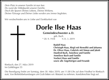 Traueranzeige von Dorle Ilse Haas von Südhessen Morgen