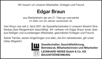 Traueranzeige von Edgar Braun von Fränkische Nachrichten