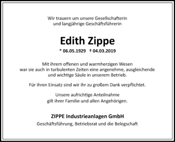 Traueranzeige von Edith Zippe von Fränkische Nachrichten