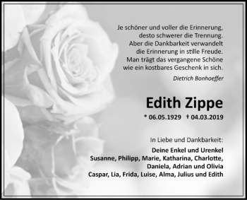 Traueranzeige von Edith Zippe von Fränkische Nachrichten