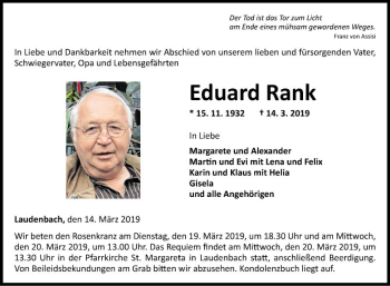 Traueranzeige von Eduard Rank von Fränkische Nachrichten