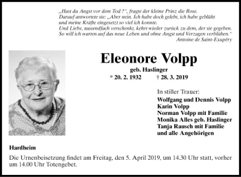 Traueranzeige von Eleonore Volpp von Fränkische Nachrichten
