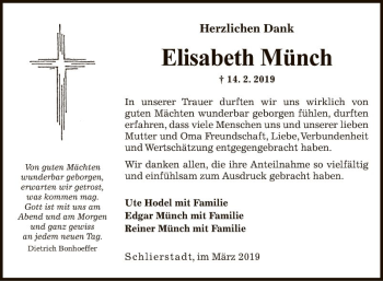 Traueranzeige von Elisabeth Münch von Fränkische Nachrichten