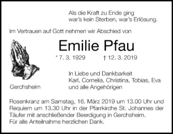 Traueranzeige von Emilie Pfau von Fränkische Nachrichten