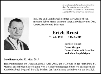 Traueranzeige von Erich Brust von Fränkische Nachrichten