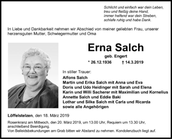 Traueranzeige von Erna Salch von Fränkische Nachrichten