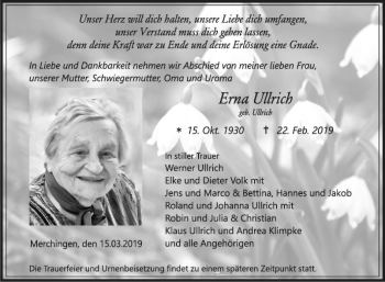 Traueranzeige von Erna Ullrich von Fränkische Nachrichten