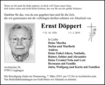 Traueranzeige von Ernst Döppert von Fränkische Nachrichten