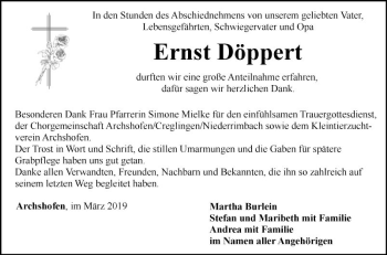 Traueranzeige von Ernst Döppert von Fränkische Nachrichten