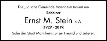 Traueranzeige von Ernst  Stein von Mannheimer Morgen