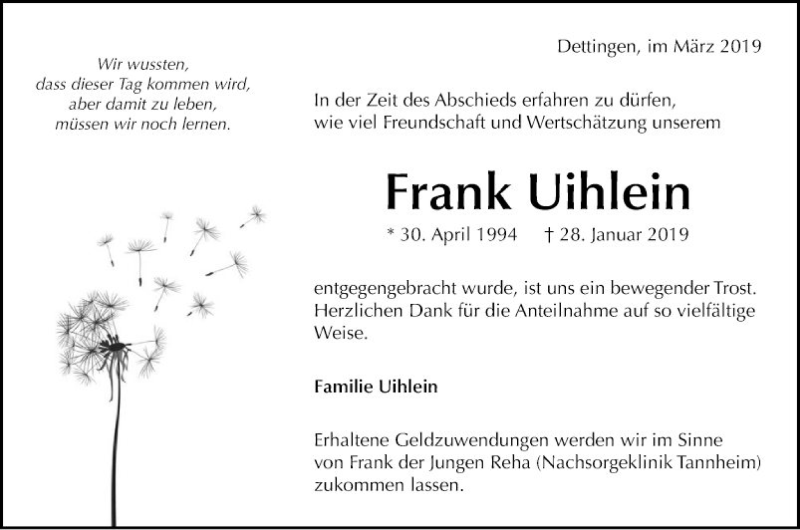  Traueranzeige für Frank Uihlein vom 16.03.2019 aus Fränkische Nachrichten