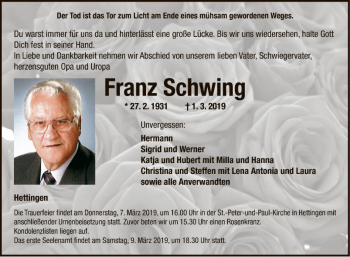 Traueranzeige von Franz Schwing von Fränkische Nachrichten