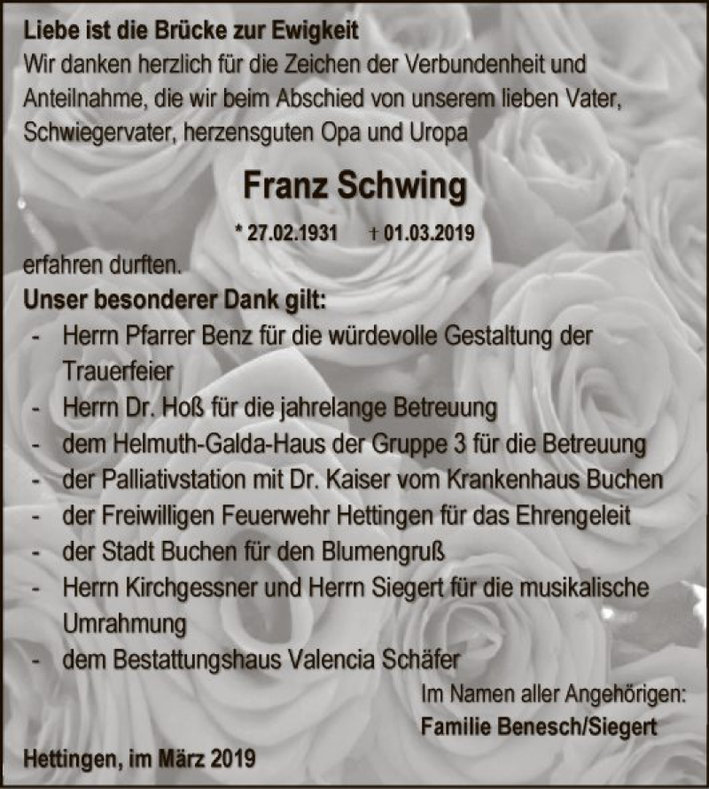  Traueranzeige für Franz Schwing vom 16.03.2019 aus Fränkische Nachrichten