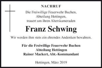 Traueranzeige von Franz Schwing von Fränkische Nachrichten