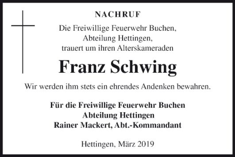  Traueranzeige für Franz Schwing vom 06.03.2019 aus Fränkische Nachrichten