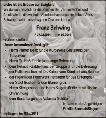 Traueranzeige von Franz Schwing von Fränkische Nachrichten