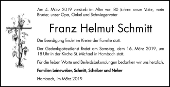 Traueranzeige von Franz Helmut Schmitt von Bergsträßer Anzeiger