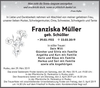 Traueranzeige von Franziska Müller von Fränkische Nachrichten