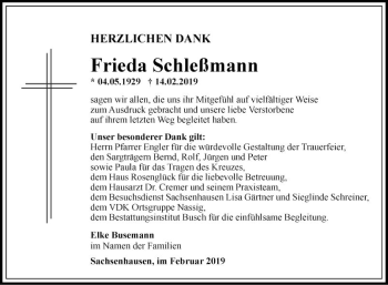 Traueranzeige von Frieda Schleßmann von Fränkische Nachrichten