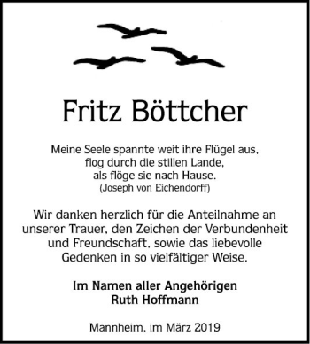 Traueranzeige von Fritz Böttcher von Mannheimer Morgen