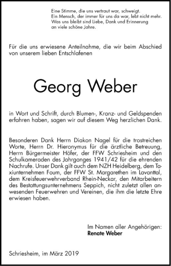 Traueranzeige von Georg Weber von Mannheimer Morgen