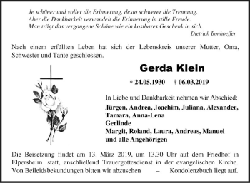 Traueranzeige von Gerda Klein von Fränkische Nachrichten