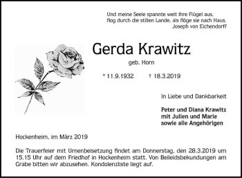 Traueranzeige von Gerda Krawitz von Schwetzinger Zeitung