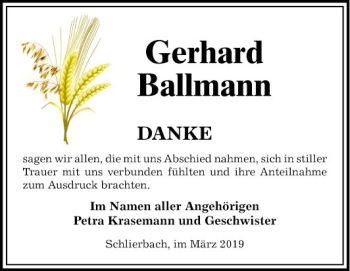 Traueranzeige von Gerhard Ballmann von Bergsträßer Anzeiger