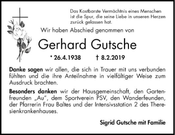 Traueranzeige von Gerhard Gutsche von Mannheimer Morgen