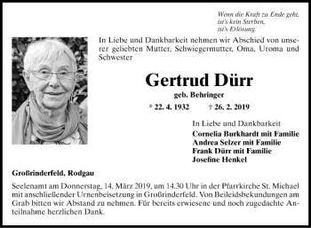 Traueranzeige von Gertrud Dürr von Fränkische Nachrichten