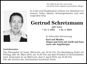 Traueranzeige von Gertrud Schretzmann von Fränkische Nachrichten