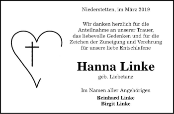 Traueranzeige von Hanna Linke von Fränkische Nachrichten