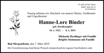 Traueranzeige von Hanne-Lore Binder von Fränkische Nachrichten