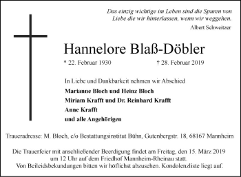 Traueranzeige von Hannelore Blaß-Döbler von Mannheimer Morgen