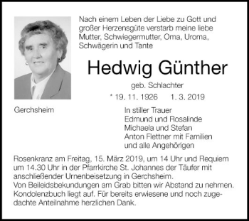 Traueranzeige von Hedwig Günther von Fränkische Nachrichten