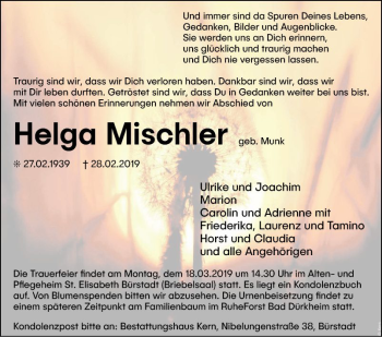 Traueranzeige von Helga Mischler von Südhessen Morgen