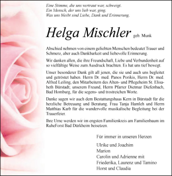 Traueranzeige von Helga Mischler von Südhessen Morgen