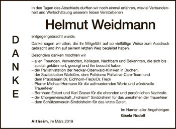 Traueranzeige von Helmut Weidmann von Fränkische Nachrichten