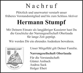 Traueranzeige von Hermann Stumpf von Fränkische Nachrichten