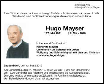 Traueranzeige von Hugo Mayser von Fränkische Nachrichten