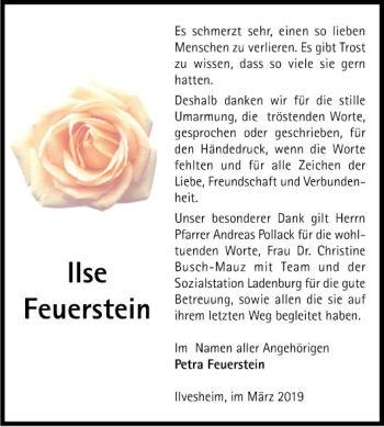 Traueranzeige von Ilse Feuerstein von Mannheimer Morgen