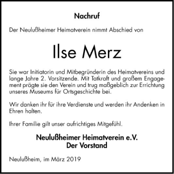 Traueranzeige von Ilse Merz von Schwetzinger Zeitung