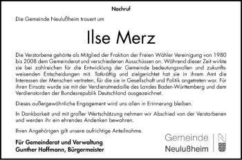 Traueranzeige von Ilse Merz von Schwetzinger Zeitung