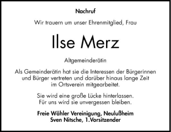 Traueranzeige von Ilse Merz von Schwetzinger Zeitung