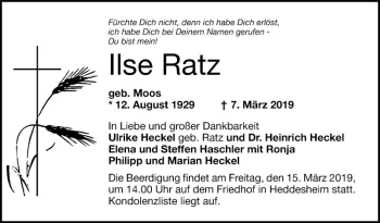 Traueranzeige von Ilse Ratz von Mannheimer Morgen