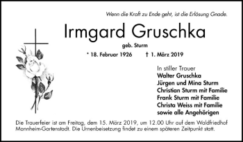 Traueranzeige von Irmgard Gruschka von Mannheimer Morgen