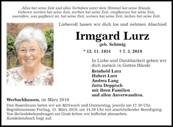 Traueranzeige von Irmgard Lurz von Fränkische Nachrichten