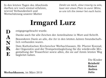 Traueranzeige von Irmgard Lurz von Fränkische Nachrichten