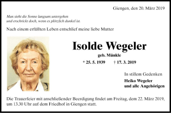 Traueranzeige von Isolde Wegeler von Fränkische Nachrichten